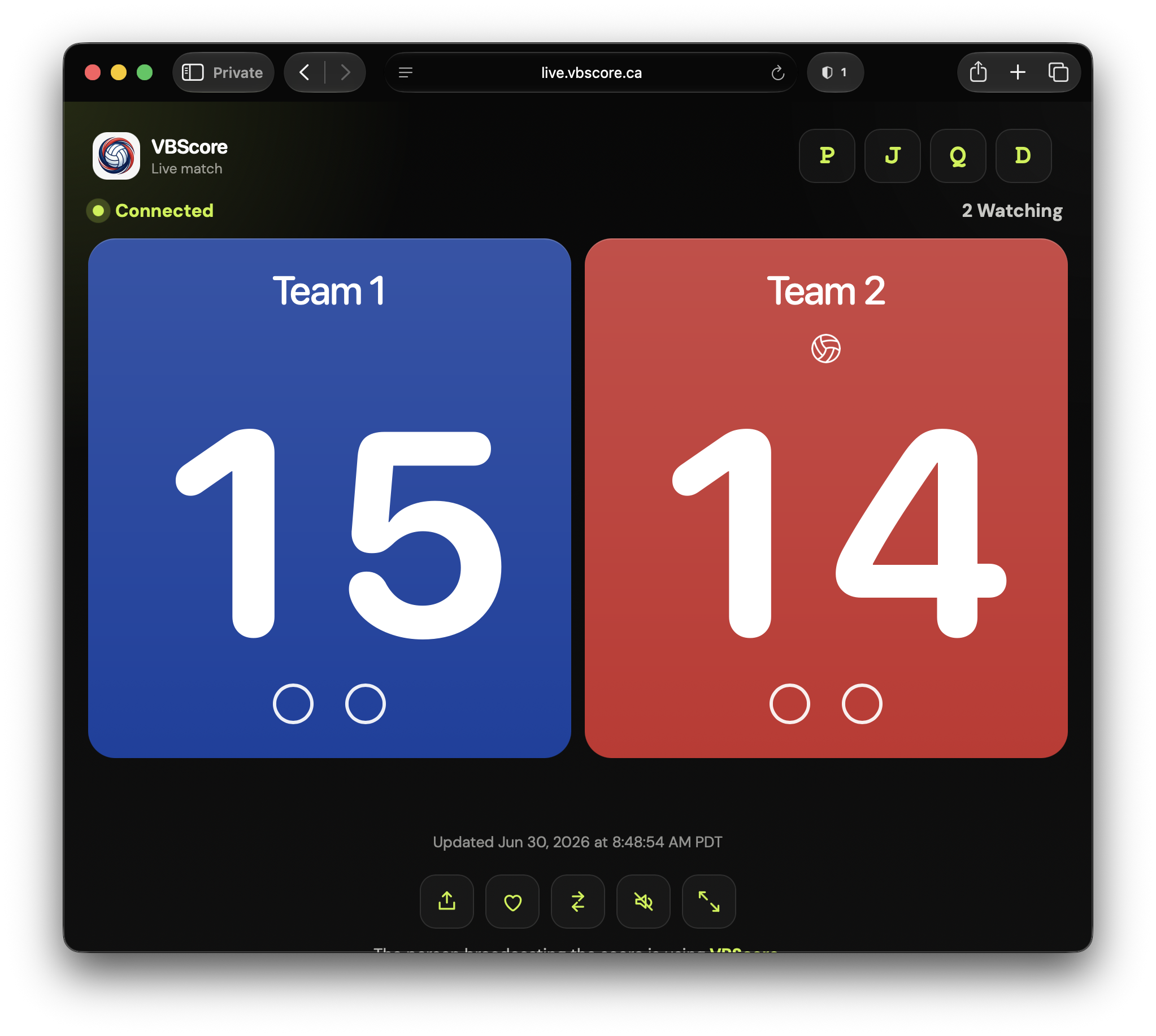 Watching a live VBScore broadcast in a web browser